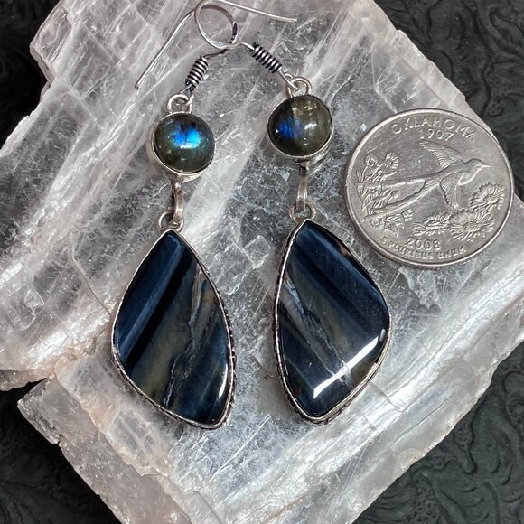 Labradorite and Blue Tigers Eye Hawk Eye Earrings Stone Crystal Jewelry - Picture 3 of 11